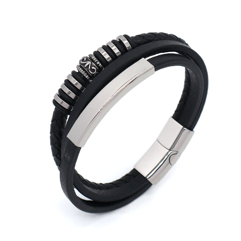 MultiLayer Custom Handmade Woven Black Gold Plated Stainless Steel Clasp Charm Braided Engraving Leather Bangle Bracelet For Men