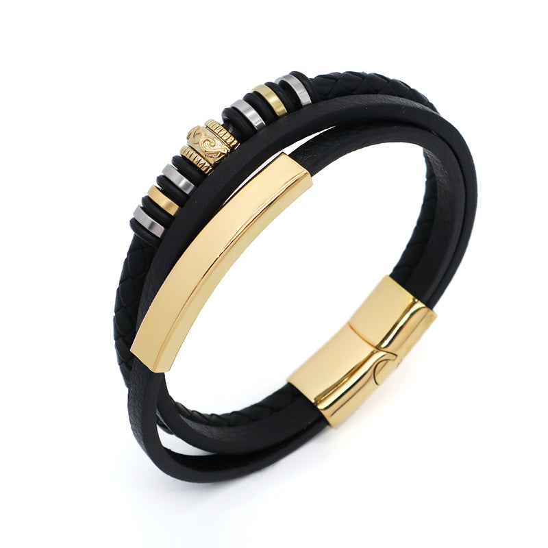 MultiLayer Custom Handmade Woven Black Gold Plated Stainless Steel Clasp Charm Braided Engraving Leather Bangle Bracelet For Men