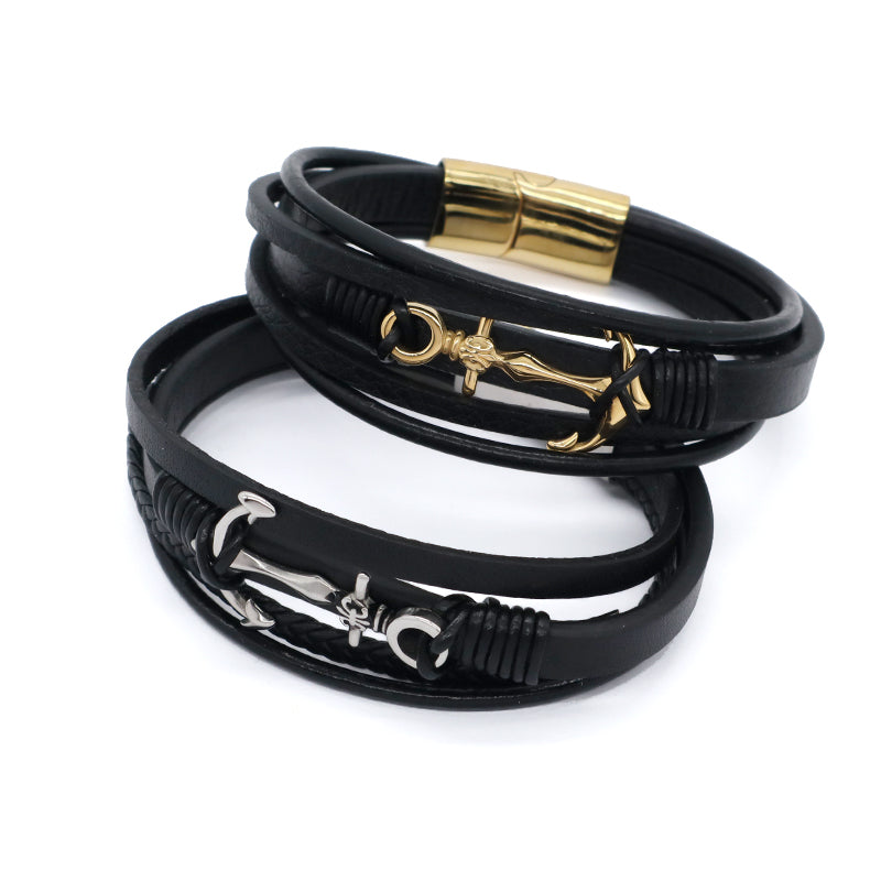 Handmade Black Leather Cord MultiLayer Custom Gold Plated Stainless Steel Buckle Anchor Charm Woven Leather Bracelet For Men