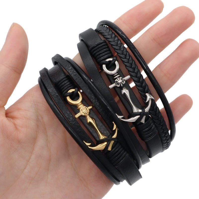 Handmade Black Leather Cord MultiLayer Custom Gold Plated Stainless Steel Buckle Anchor Charm Woven Leather Bracelet For Men