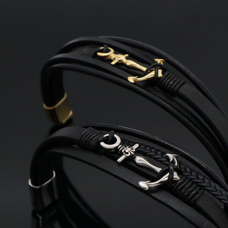 Handmade Black Leather Cord MultiLayer Custom Gold Plated Stainless Steel Buckle Anchor Charm Woven Leather Bracelet For Men
