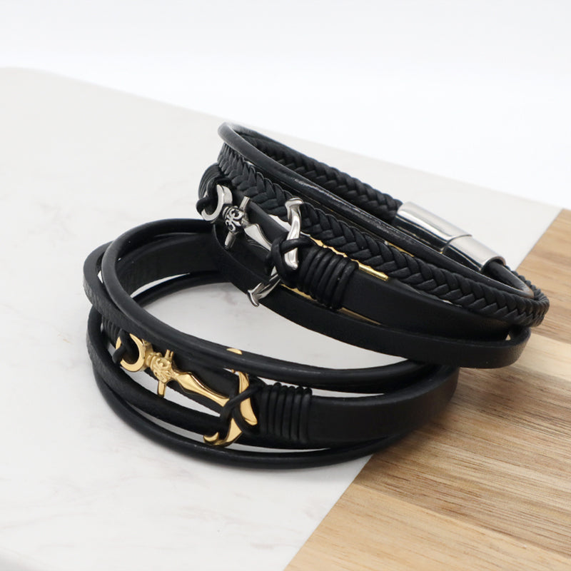 Handmade Black Leather Cord MultiLayer Custom Gold Plated Stainless Steel Buckle Anchor Charm Woven Leather Bracelet For Men