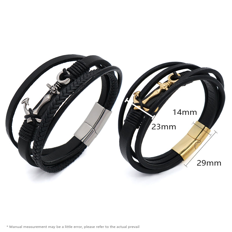 Handmade Black Leather Cord MultiLayer Custom Gold Plated Stainless Steel Buckle Anchor Charm Woven Leather Bracelet For Men