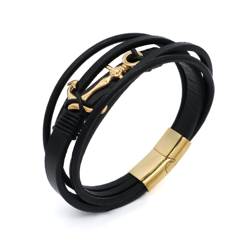 Handmade Black Leather Cord MultiLayer Custom Gold Plated Stainless Steel Buckle Anchor Charm Woven Leather Bracelet For Men