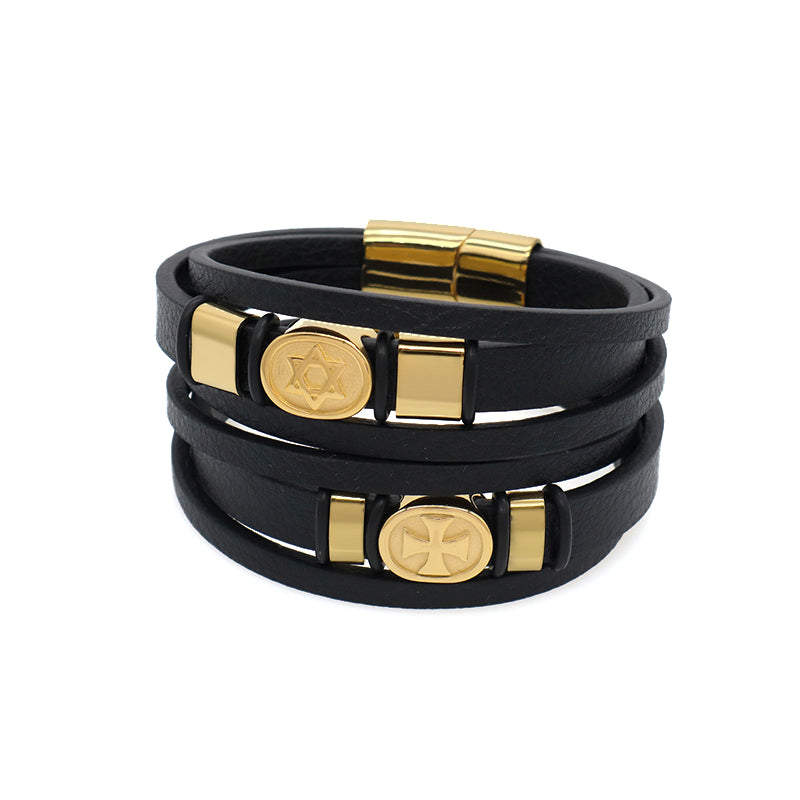 China Factory Leather Bangle Custom MultiLayer Black Gold Plated Stainless Steel Clasp Cross Star Charm Men Leather Bracelet