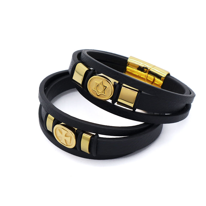 China Factory Leather Bangle Custom MultiLayer Black Gold Plated Stainless Steel Clasp Cross Star Charm Men Leather Bracelet