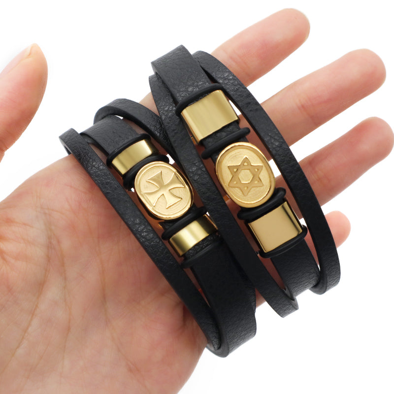 China Factory Leather Bangle Custom MultiLayer Black Gold Plated Stainless Steel Clasp Cross Star Charm Men Leather Bracelet