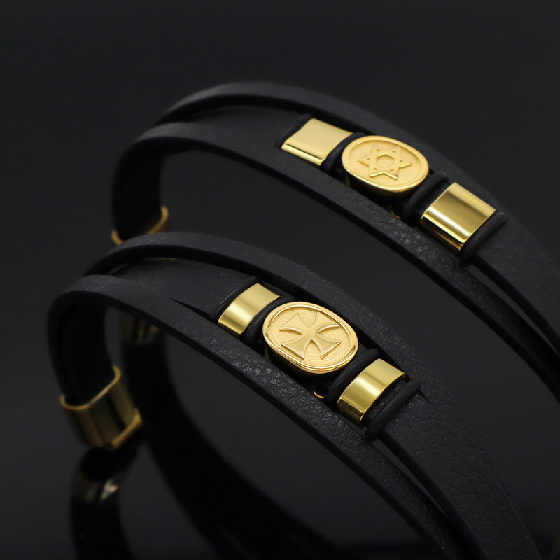China Factory Leather Bangle Custom MultiLayer Black Gold Plated Stainless Steel Clasp Cross Star Charm Men Leather Bracelet