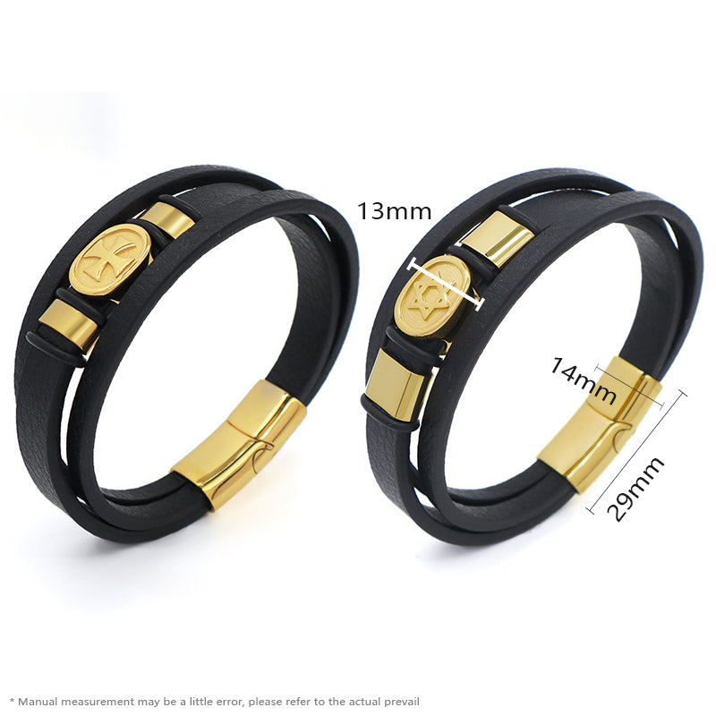 China Factory Leather Bangle Custom MultiLayer Black Gold Plated Stainless Steel Clasp Cross Star Charm Men Leather Bracelet