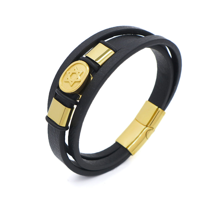 China Factory Leather Bangle Custom MultiLayer Black Gold Plated Stainless Steel Clasp Cross Star Charm Men Leather Bracelet