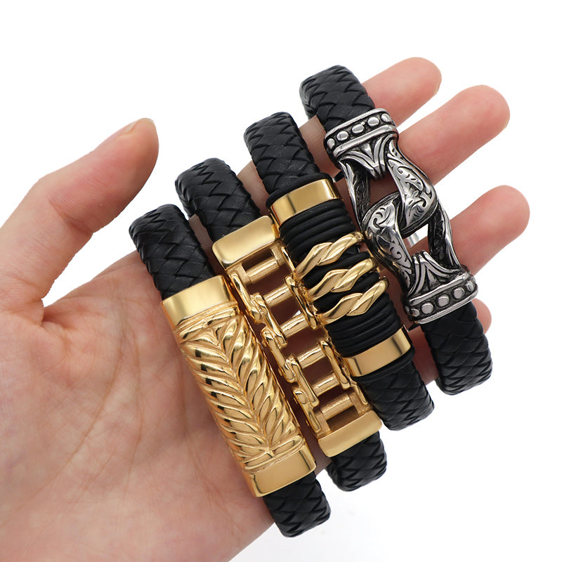 Wholesale Gold Plated Stainless Steel Buckle Custom Black MultiLayer Men Leather Braided Cord Bangle Hand Woven Leather Bracelet