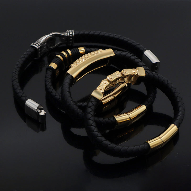 Wholesale Gold Plated Stainless Steel Buckle Custom Black MultiLayer Men Leather Braided Cord Bangle Hand Woven Leather Bracelet