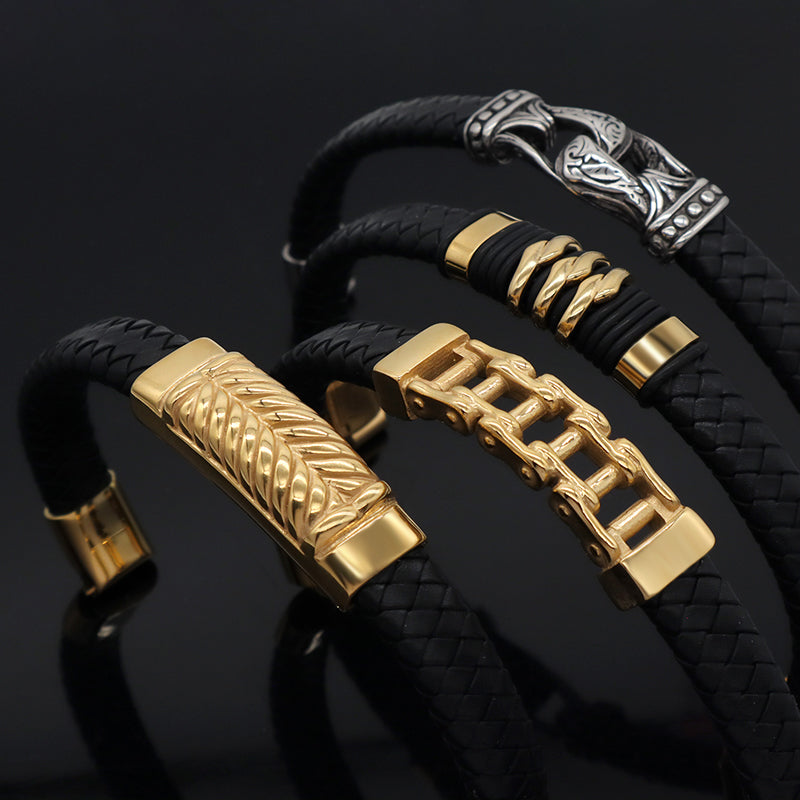 Wholesale Gold Plated Stainless Steel Buckle Custom Black MultiLayer Men Leather Braided Cord Bangle Hand Woven Leather Bracelet