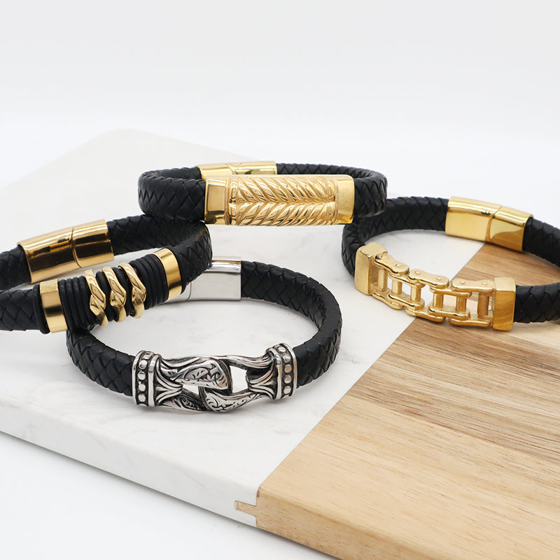 Wholesale Gold Plated Stainless Steel Buckle Custom Black MultiLayer Men Leather Braided Cord Bangle Hand Woven Leather Bracelet