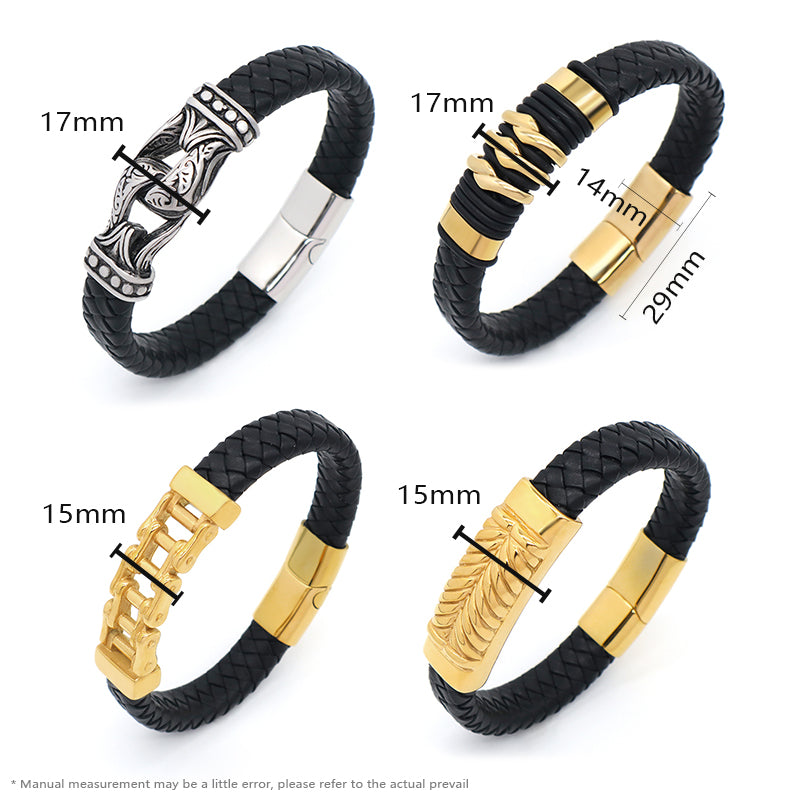 Wholesale Gold Plated Stainless Steel Buckle Custom Black MultiLayer Men Leather Braided Cord Bangle Hand Woven Leather Bracelet