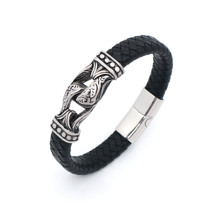 Wholesale Gold Plated Stainless Steel Buckle Custom Black MultiLayer Men Leather Braided Cord Bangle Hand Woven Leather Bracelet