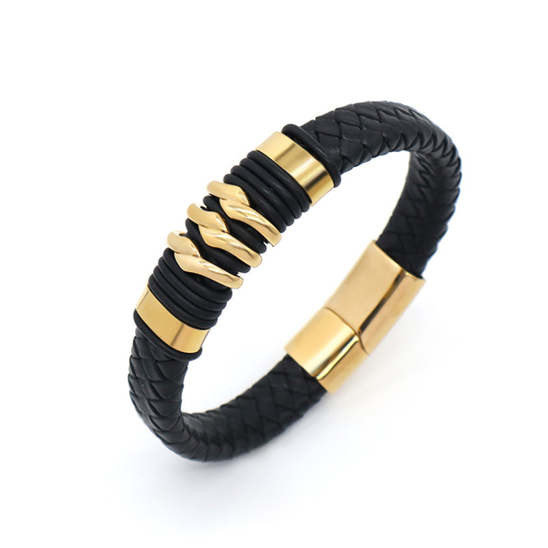 Wholesale Gold Plated Stainless Steel Buckle Custom Black MultiLayer Men Leather Braided Cord Bangle Hand Woven Leather Bracelet
