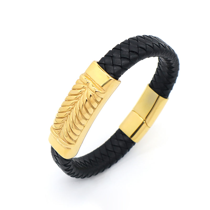 Wholesale Gold Plated Stainless Steel Buckle Custom Black MultiLayer Men Leather Braided Cord Bangle Hand Woven Leather Bracelet