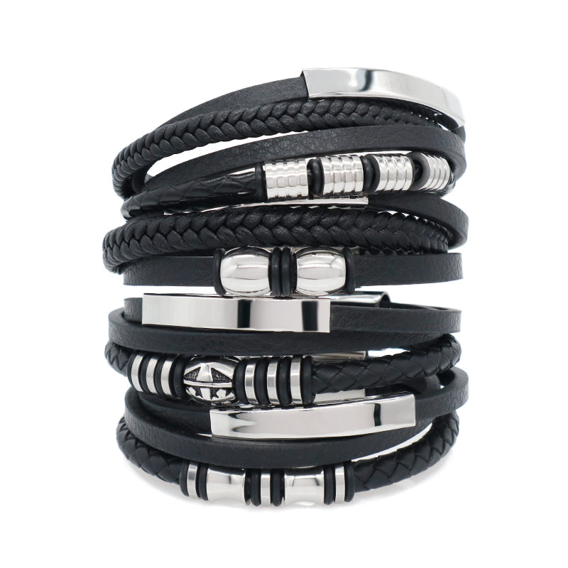 Custom Hand Woven Black Leather Bangle MultiLayer No Tarnish Stainless Steel Clasp Cross Charm Men Braided Cord Leather Bracelet