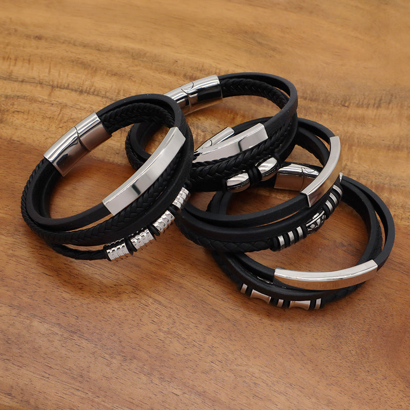 Custom Hand Woven Black Leather Bangle MultiLayer No Tarnish Stainless Steel Clasp Cross Charm Men Braided Cord Leather Bracelet