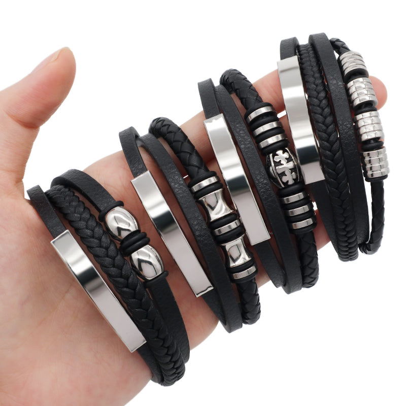 Custom Hand Woven Black Leather Bangle MultiLayer No Tarnish Stainless Steel Clasp Cross Charm Men Braided Cord Leather Bracelet