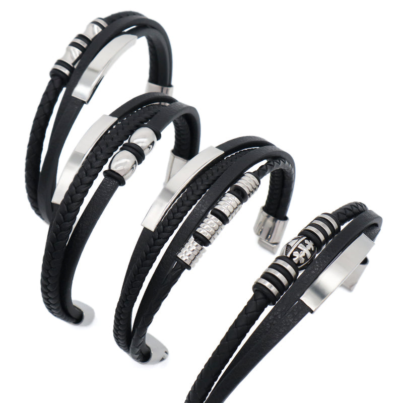 Custom Hand Woven Black Leather Bangle MultiLayer No Tarnish Stainless Steel Clasp Cross Charm Men Braided Cord Leather Bracelet