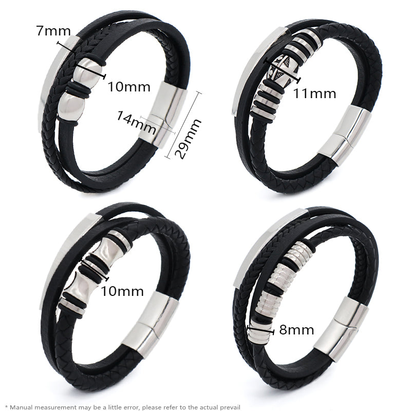 Custom Hand Woven Black Leather Bangle MultiLayer No Tarnish Stainless Steel Clasp Cross Charm Men Braided Cord Leather Bracelet