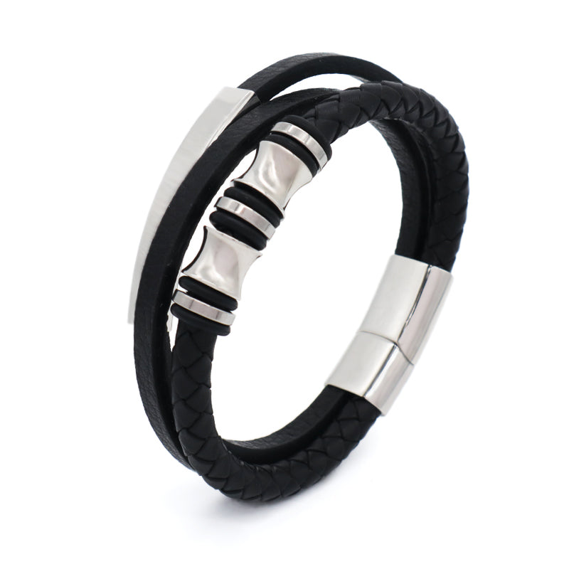 Custom Hand Woven Black Leather Bangle MultiLayer No Tarnish Stainless Steel Clasp Cross Charm Men Braided Cord Leather Bracelet