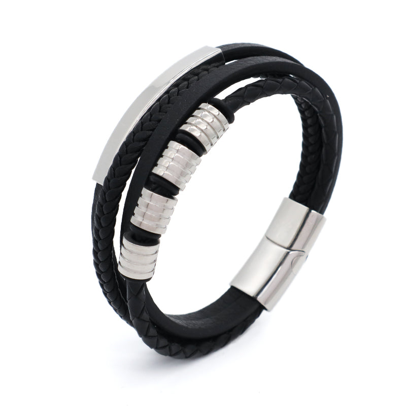 Custom Hand Woven Black Leather Bangle MultiLayer No Tarnish Stainless Steel Clasp Cross Charm Men Braided Cord Leather Bracelet