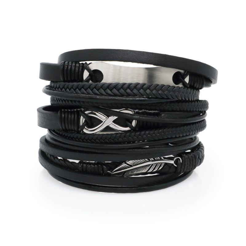 MultiLayer Custom Black No Tarnish Stainless Steel Buckle Leaf Infinite Charm Braided Hand Woven Men Leather Bangle Bracelet