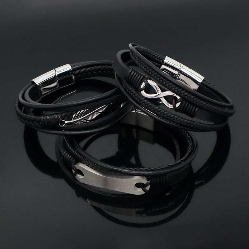 MultiLayer Custom Black No Tarnish Stainless Steel Buckle Leaf Infinite Charm Braided Hand Woven Men Leather Bangle Bracelet