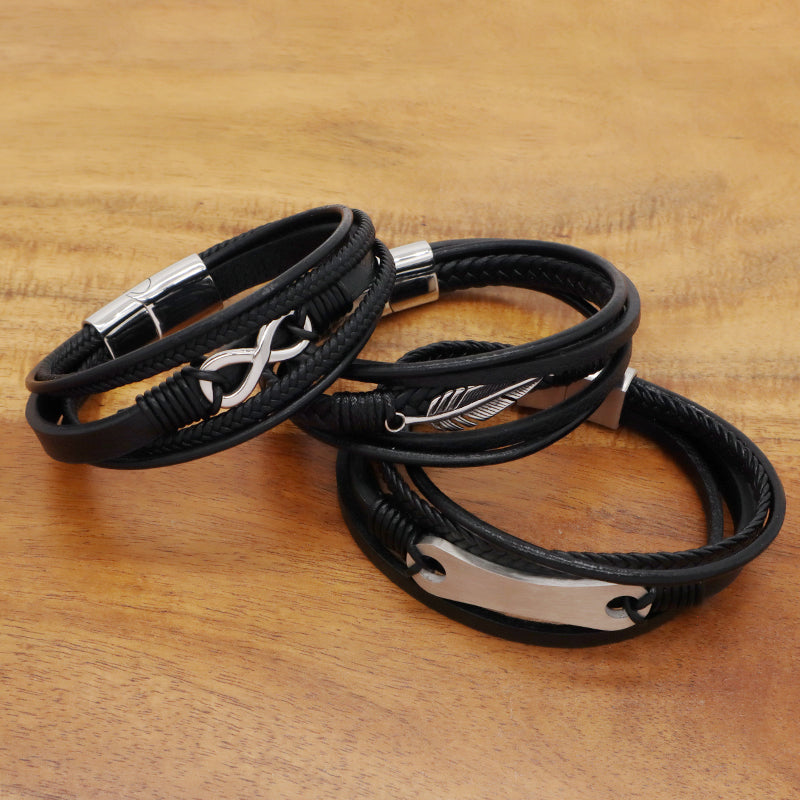 MultiLayer Custom Black No Tarnish Stainless Steel Buckle Leaf Infinite Charm Braided Hand Woven Men Leather Bangle Bracelet