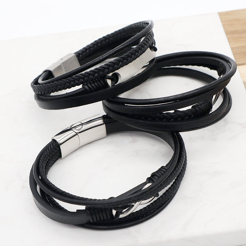 MultiLayer Custom Black No Tarnish Stainless Steel Buckle Leaf Infinite Charm Braided Hand Woven Men Leather Bangle Bracelet