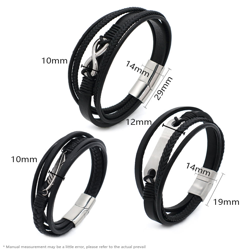 MultiLayer Custom Black No Tarnish Stainless Steel Buckle Leaf Infinite Charm Braided Hand Woven Men Leather Bangle Bracelet