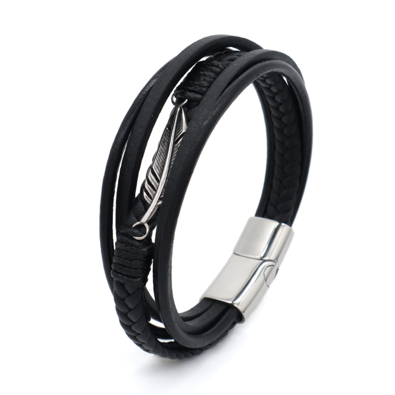MultiLayer Custom Black No Tarnish Stainless Steel Buckle Leaf Infinite Charm Braided Hand Woven Men Leather Bangle Bracelet
