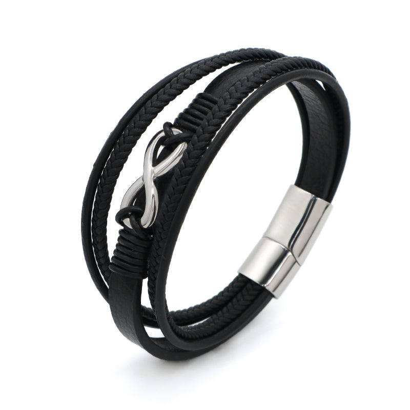 MultiLayer Custom Black No Tarnish Stainless Steel Buckle Leaf Infinite Charm Braided Hand Woven Men Leather Bangle Bracelet