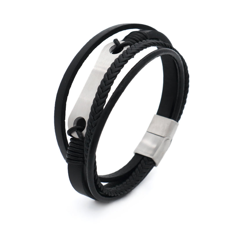MultiLayer Custom Black No Tarnish Stainless Steel Buckle Leaf Infinite Charm Braided Hand Woven Men Leather Bangle Bracelet