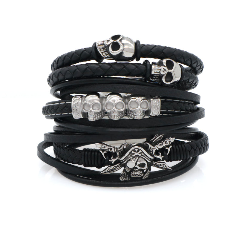 Handmade Custom Woven Clasp Leather Bangle MultiLayer Braided Cord Black Leather No Tarnish Stainless Steel Skull Bracelet Men