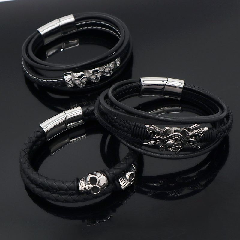 Handmade Custom Woven Clasp Leather Bangle MultiLayer Braided Cord Black Leather No Tarnish Stainless Steel Skull Bracelet Men