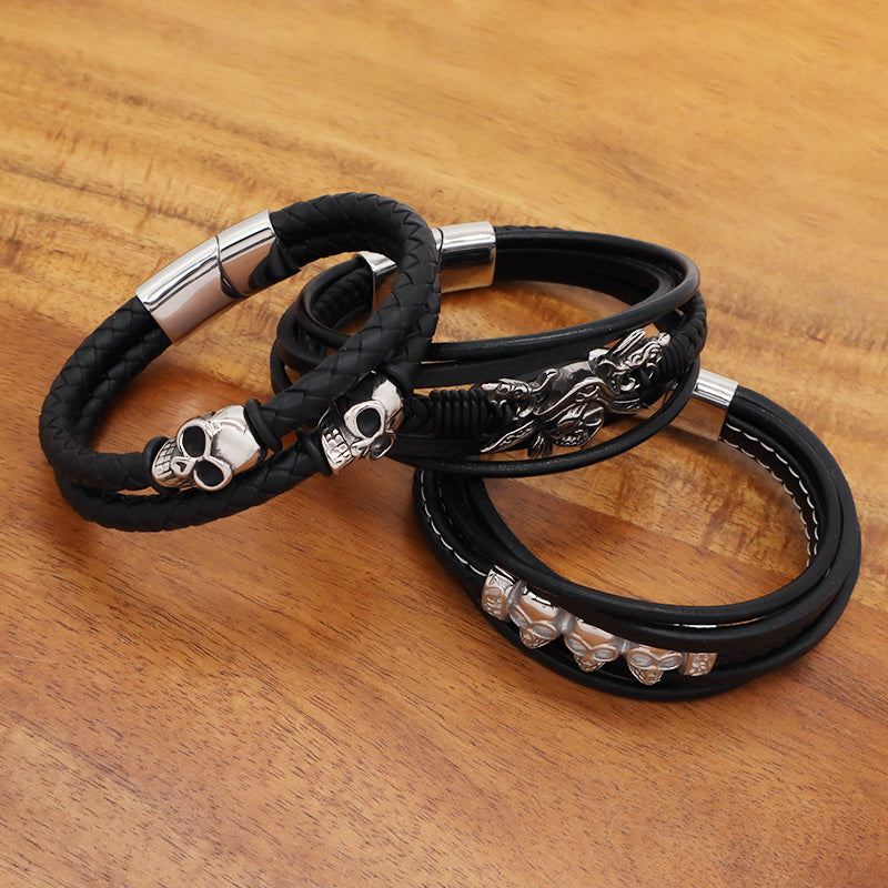 Handmade Custom Woven Clasp Leather Bangle MultiLayer Braided Cord Black Leather No Tarnish Stainless Steel Skull Bracelet Men