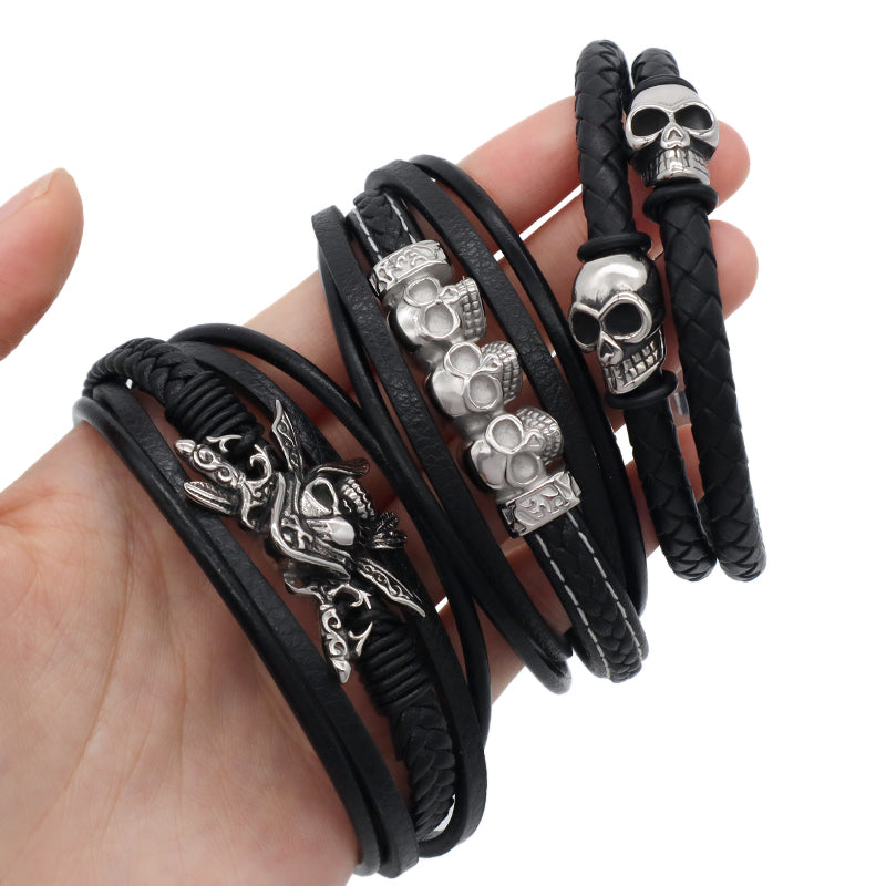 Handmade Custom Woven Clasp Leather Bangle MultiLayer Braided Cord Black Leather No Tarnish Stainless Steel Skull Bracelet Men