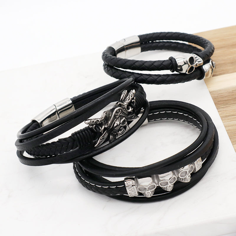 Handmade Custom Woven Clasp Leather Bangle MultiLayer Braided Cord Black Leather No Tarnish Stainless Steel Skull Bracelet Men