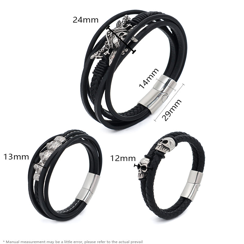 Handmade Custom Woven Clasp Leather Bangle MultiLayer Braided Cord Black Leather No Tarnish Stainless Steel Skull Bracelet Men
