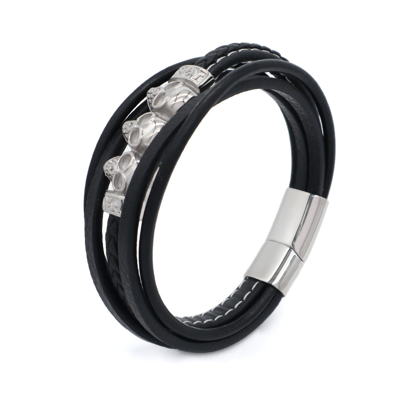 Handmade Custom Woven Clasp Leather Bangle MultiLayer Braided Cord Black Leather No Tarnish Stainless Steel Skull Bracelet Men