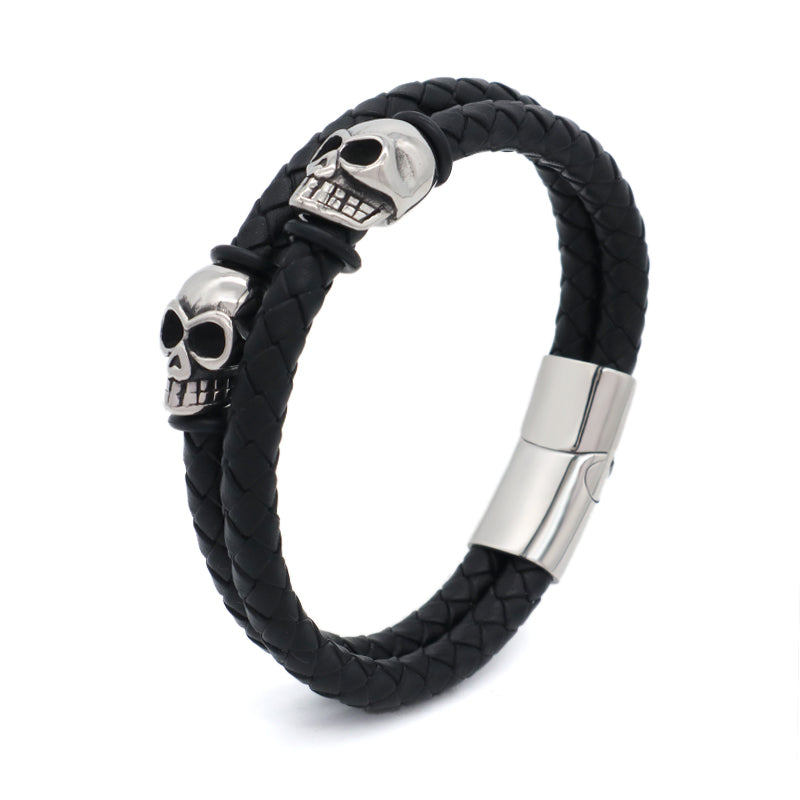 Handmade Custom Woven Clasp Leather Bangle MultiLayer Braided Cord Black Leather No Tarnish Stainless Steel Skull Bracelet Men