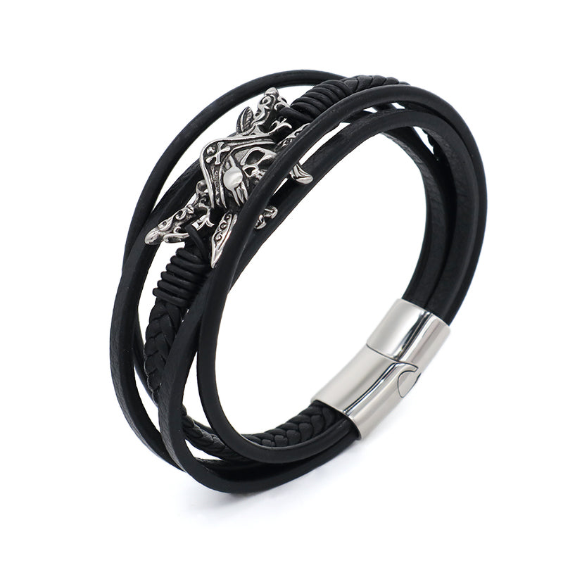 Handmade Custom Woven Clasp Leather Bangle MultiLayer Braided Cord Black Leather No Tarnish Stainless Steel Skull Bracelet Men
