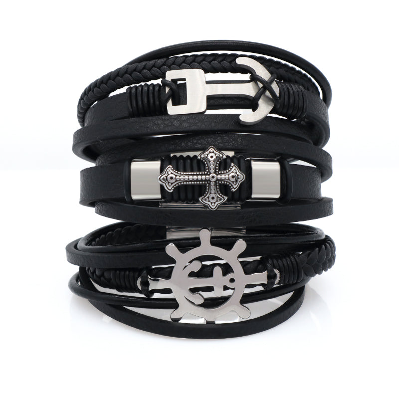 No Tarnish Stainless Steel Cross Anchor Rudder Charm Buckle MultiLayer Custom Black Hand Woven Men Cross Leather Bangle Bracelet