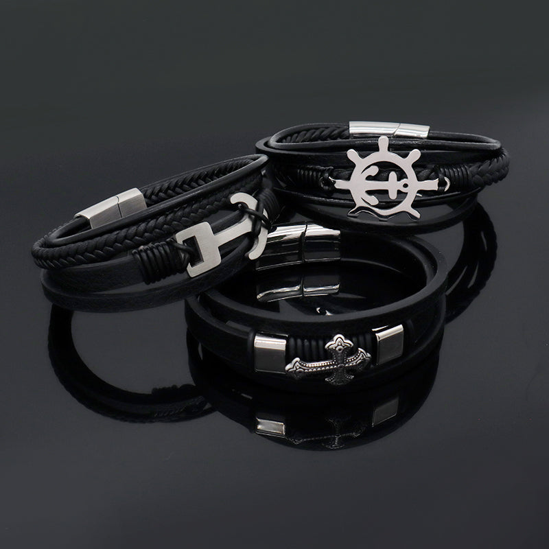 No Tarnish Stainless Steel Cross Anchor Rudder Charm Buckle MultiLayer Custom Black Hand Woven Men Cross Leather Bangle Bracelet