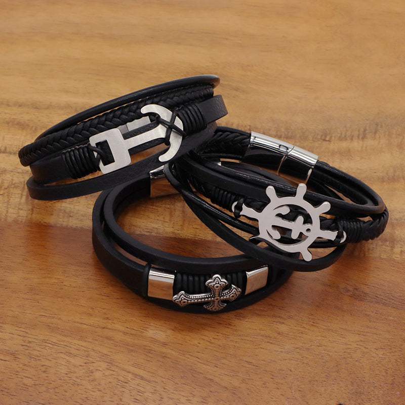 No Tarnish Stainless Steel Cross Anchor Rudder Charm Buckle MultiLayer Custom Black Hand Woven Men Cross Leather Bangle Bracelet