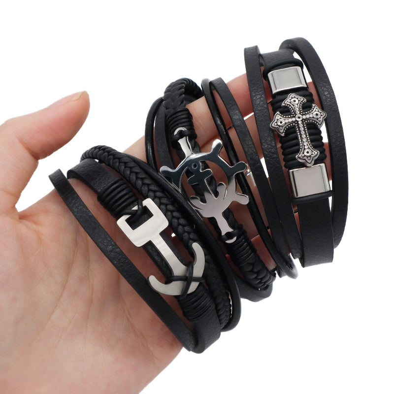 No Tarnish Stainless Steel Cross Anchor Rudder Charm Buckle MultiLayer Custom Black Hand Woven Men Cross Leather Bangle Bracelet